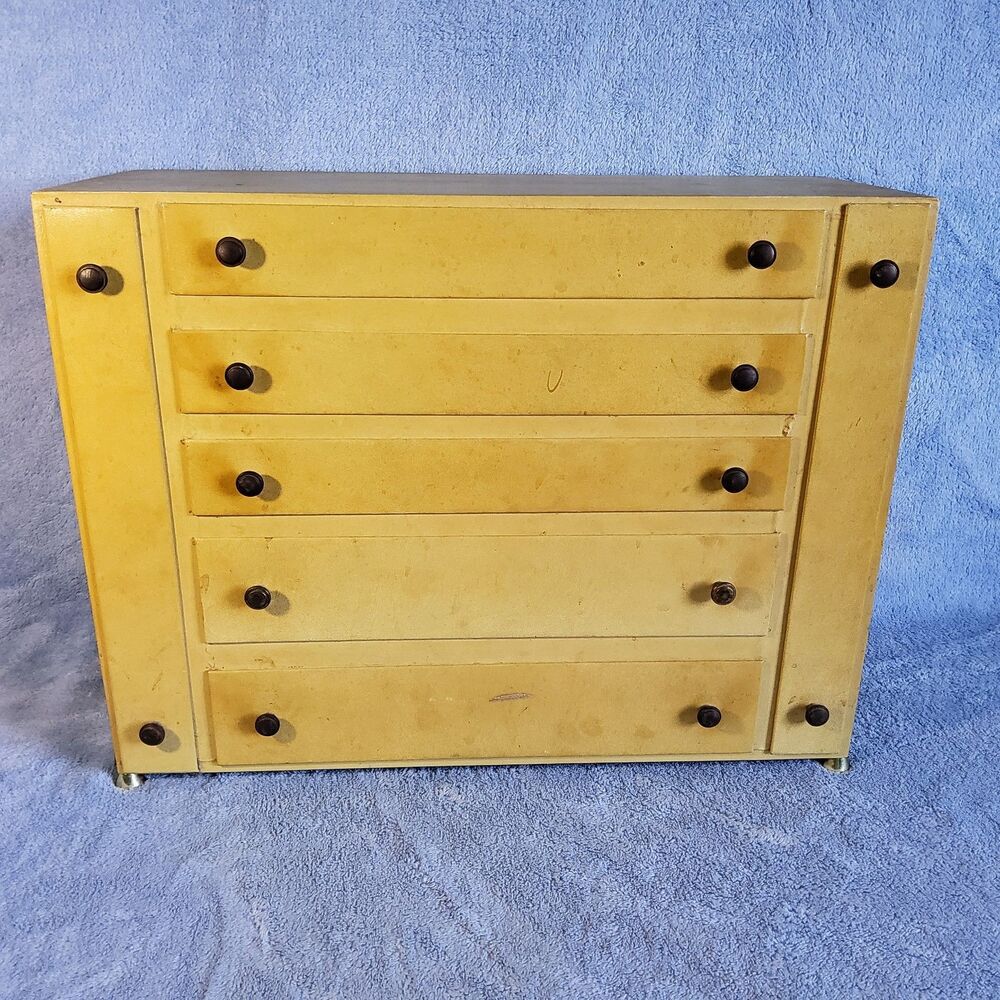 Vintage Wooden Yellow Dresser Jewelry Box 5 Drawer 2 Side Necklace Pull Out Door